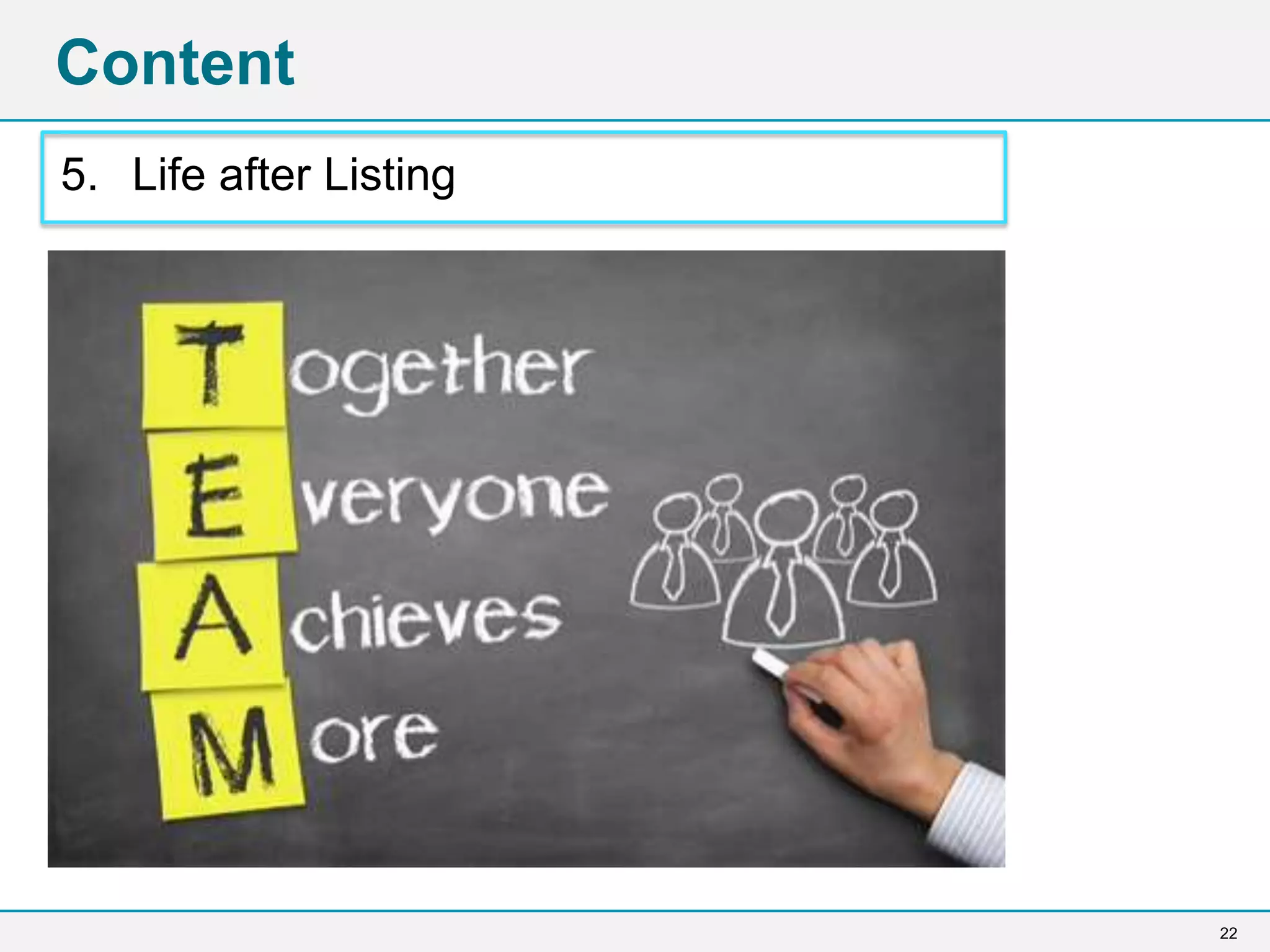 22
Content
5. Life after Listing
 