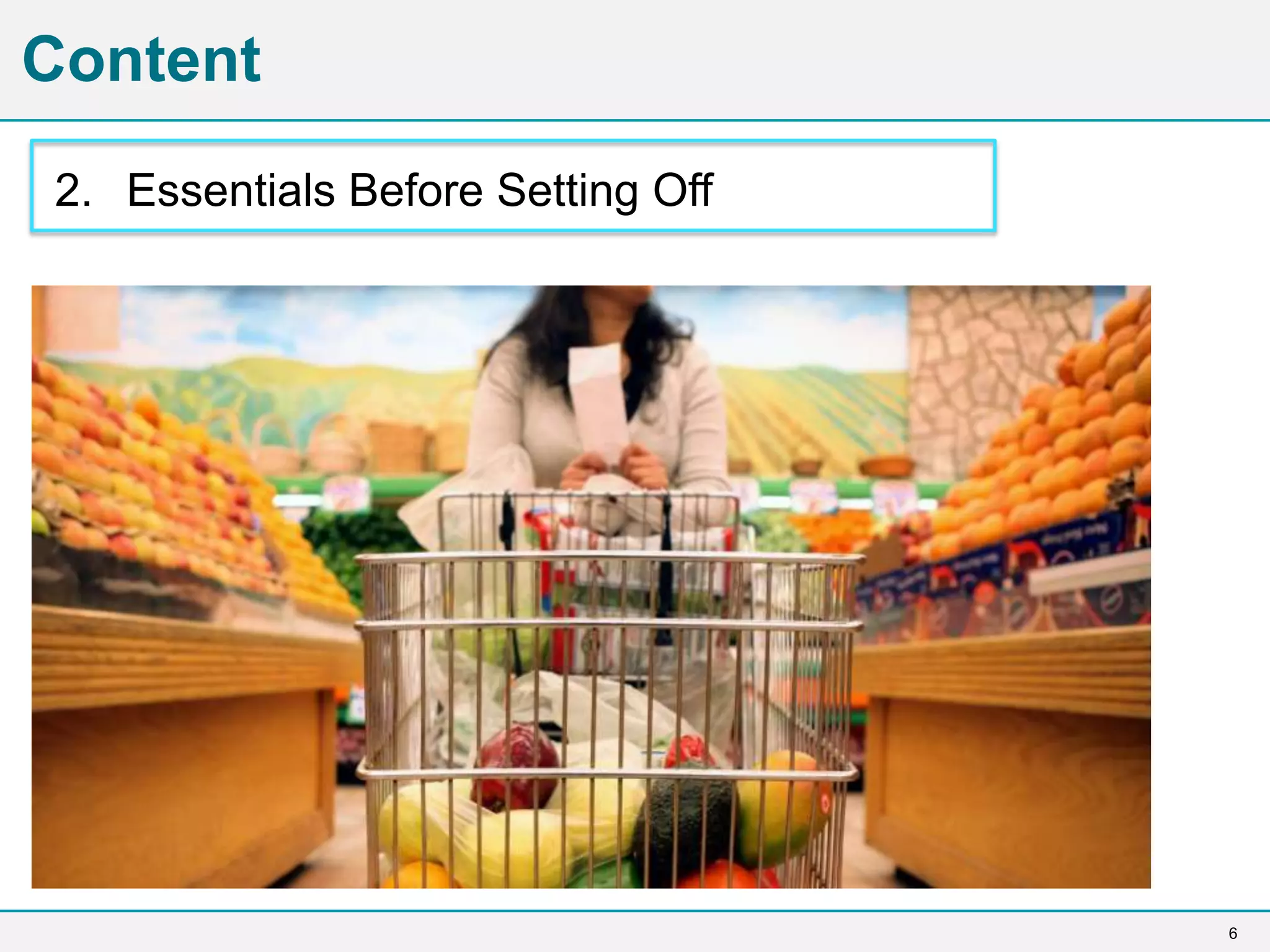 6
Content
2. Essentials Before Setting Off
 