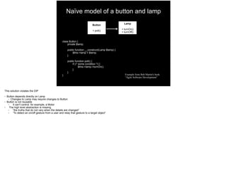 Naïve model of a button and lamp
Button
+ poll()
Lamp
+ turnOn()
+ turnOff()
class Button {
private $lamp;
public function __construct(Lamp $lamp) {
$this->lamp = $lamp;
}
public function poll() {
if (/* some condition */) {
$this->lamp->turnOn();
}
}
} Example from Bob Martin's book
“Agile Software Development”
This solution violates the DIP
● Button depends directly on Lamp
● Changes to Lamp may require changes to Button
● Button is not reusable
● It can't control, for example, a Motor
● The high level abstraction is missing
● “the truths that do not vary when the details are changed”
● “To detect an on/off gesture from a user and relay that gesture to a target object”
 