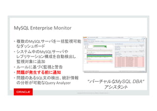 Copyright*©*201 *Oracle*and/or*its*aﬃliates.*All*rights*reserved.**|*
“ MySQL DBA”##
#
MySQL*Enterprise*Monitor
•  MySQL
*
•  MySQL *
*
*
•  *
•  &
•  SQL
Query*Analyzer*
 