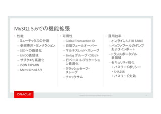Copyright*©*201 *Oracle*and/or*its*aﬃliates.*All*rights*reserved.**|*
•  *
–  *
–  *
– SSD *
– UNDO *
–  *
– JSON*EXPLAIN*
– Memcached*API*
• 
– Global*TransacIon*ID*
–  *
–  *
– Binlog* *
– 
*
–  *
*
– 
35
•  *
–  ALTER*TABLE*
–  *
*
–  *
*
–  *
•  *
•  SHA256*
•  *
MySQL*5.6
 