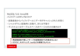 Copyright*©*201 *Oracle*and/or*its*aﬃliates.*All*rights*reserved.**|*
MySQL*5.6:*InnoDB
•  *
•  / *
•  ID
&
:*
mysql> SET innodb_buffer_pool_dump_at_shutdown=ON;
:*
mysql> SET innodb_buffer_pool_load_at_startup=ON;*
! * *
! * SaaS *
 
