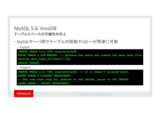 Copyright*©*201 *Oracle*and/or*its*aﬃliates.*All*rights*reserved.**|*
CREATE TABLE t(c1 INT) engine=InnoDB;
FLUSH TABLE t FOR EXPORT; -- quiesce the table and create the meta data file
$innodb_data_home_dir/test/t.cfg
UNLOCK TABLES;
CREATE TABLE t(c1 INT) engine=InnoDB; -- if it doesn't already exist
ALTER TABLE t DISCARD TABLESPACE;
-- The user must stop all updates on the tables, prior to the IMPORT
ALTER TABLE t IMPORT TABLESPACE;
MySQL*5.6:*InnoDB
•  MySQL *
– Export*
– Import
 