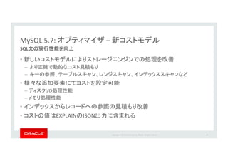 Copyright*©*201 *Oracle*and/or*its*aﬃliates.*All*rights*reserved.**|*
MySQL*5.7:* *–* &
SQL
•  *
– * *
– * *
•  *
–  I/O *
–  *
•  *
•  EXPLAIN JSON *
*
45*
 