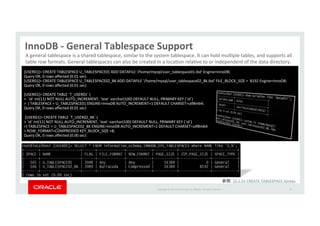 Copyright*©*201 *Oracle*and/or*its*aﬃliates.*All*rights*reserved.**|*
InnoDB&P&General&Tablespace&Support
47
A*general*tablespace*is*a*shared*tablespace,*similar*to*the*system*tablespace.*It*can*hold*mulIple*tables,*and*supports*all*
table*row*formats.*General*tablespaces*can*also*be*created*in*a*locaIon*relaIve*to*or*independent*of*the*data*directory.*
[USER01]>*CREATE*TABLESPACE*U_TABLESPACE01*ADD*DATAFILE*'/home/mysql/user_tablespace01.ibd'*Engine=InnoDB;*
Query*OK,*0*rows*aﬀected*(0.01*sec)*
[USER01]>*CREATE*TABLESPACE*U_TABLESPACE02_8K*ADD*DATAFILE*'/home/mysql/user_tablespace02_8k.ibd'*FILE_BLOCK_SIZE*=**8192*Engine=InnoDB;*
Query*OK,*0*rows*aﬀected*(0.01*sec)*
*
[USER01]>*CREATE*TABLE*`T_USER01`*(*
>**`id`*int(11)*NOT*NULL*AUTO_INCREMENT,*`text`*varchar(100)*DEFAULT*NULL,*PRIMARY*KEY*(`id`)*
>**)*TABLESPACE*=*U_TABLESPACE01*ENGINE=InnoDB*AUTO_INCREMENT=1*DEFAULT*CHARSET=uÄ8mb4;*
Query*OK,*0*rows*aﬀected*(0.01*sec)*
*
*[USER01]>*CREATE*TABLE*`T_USER02_8K`*(*
>*`id`*int(11)*NOT*NULL*AUTO_INCREMENT,*`text`*varchar(100)*DEFAULT*NULL,*PRIMARY*KEY*(`id`)*
>)*TABLESPACE*=*U_TABLESPACE02_8K*ENGINE=InnoDB*AUTO_INCREMENT=1*DEFAULT*CHARSET=uÄ8mb4**
>*ROW_FORMAT=COMPRESSED*KEY_BLOCK_SIZE*=8;*
Query*OK,*0*rows*aﬀected*(0.00*sec)
13.1.15&CREATE&TABLESPACE&Syntax&
 