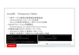 Copyright*©*201 *Oracle*and/or*its*aﬃliates.*All*rights*reserved.**|*
InnoDB*_**Temporary*Tables*
•  *
– CREATE/DROP *
– DDL , I/O *
•  DML *
– No*REDO*logging,*no*change*buﬀering,*less*locking*
•  *
– ACID/MVCC *
–  *
48*
14.11&InnoDB&Startup&OpJons&and&System&Variables&
 