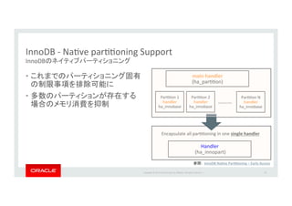 Copyright*©*201 *Oracle*and/or*its*aﬃliates.*All*rights*reserved.**|*
InnoDB*_*NaIve*parIIoning*Support
InnoDB *
• 
• 
49
Handler*
*(ha_innopart)*
Encapsulate*all*parIIoning*in*one*single&handler
InnoDB&NaJve&ParJJoning&–&Early&Access&
main*handler&
(ha_parIIon)
ParIIon*1*
handler&
ha_innobase
ParIIon*2*
handler&
ha_innobase
ParIIon*N*
handler&
ha_innobase
………
 