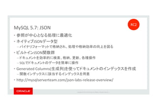Copyright*©*201 *Oracle*and/or*its*aﬃliates.*All*rights*reserved.**|*
MySQL*5.7:*JSON*
•  *
•  JSON *
–  *
•  JSON *
–  *
– SQL *
•  Generated*Columns( ) **
–  *
•  h`p://mysqlserverteam.com/json_labs_release_overview/*
RC2*
 