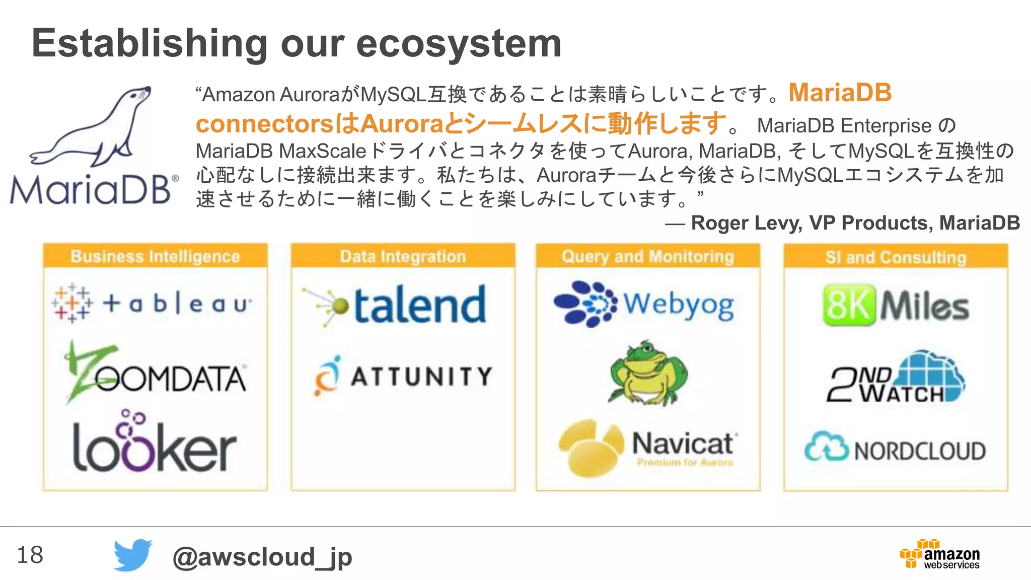 18 @awscloud_jp
Establishing our ecosystem
“Amazon AuroraがMySQL互換であることは素晴らしいことです。MariaDB
connectorsはAuroraとシームレスに動作します。 MariaDB Enterprise の
MariaDB MaxScaleドライバとコネクタを使ってAurora, MariaDB, そしてMySQLを互換性の
心配なしに接続出来ます。私たちは、Auroraチームと今後さらにMySQLエコシステムを加
速させるために一緒に働くことを楽しみにしています。”
— Roger Levy, VP Products, MariaDB
 