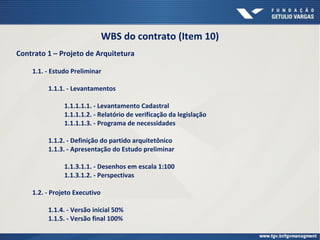 WBS do contrato (Item 10)
Contrato 1 – Projeto de Arquitetura
1.1. - Estudo Preliminar
1.1.1. - Levantamentos
1.1.1.1.1. - Levantamento Cadastral
1.1.1.1.2. - Relatório de verificação da legislação
1.1.1.1.3. - Programa de necessidades
1.1.2. - Definição do partido arquitetônico
1.1.3. - Apresentação do Estudo preliminar
1.1.3.1.1. - Desenhos em escala 1:100
1.1.3.1.2. - Perspectivas
1.2. - Projeto Executivo
1.1.4. - Versão inicial 50%
1.1.5. - Versão final 100%
 