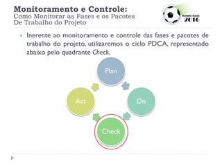 Inerente ao monitoramento e controle das fases e pacotes de
trabalho do projeto, utilizaremos o ciclo PDCA, representado
abaixo pelo quadrante Check.
Plan
Do
Check
Act
Monitoramento e Controle:
Como Monitorar as Fases e os Pacotes
De Trabalho do Projeto
 