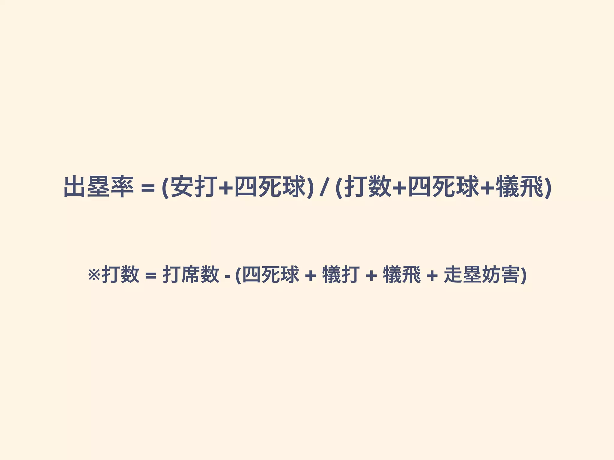 出塁率 = (安打+四死球) / (打数+四死球+犠飛)
※打数 = 打席数 - (四死球 + 犠打 + 犠飛 + 走塁妨害)
 