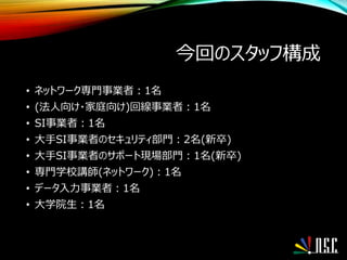 今回のスタッフ構成
• ネットワーク専門事業者：1名
• (法人向け・家庭向け)回線事業者：1名
• SI事業者：1名
• 大手SI事業者のセキュリティ部門：2名(新卒)
• 大手SI事業者のサポート現場部門：1名(新卒)
• 専門学校講師(ネットワーク)：1名
• データ入力事業者：1名
• 大学院生：1名
 