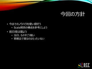 今回の方針
• 今までのノウハウを使い倒そう
• Scala関西の構成を参考にしよう
• 前日夜は寝よう
• 当日、ものすごく眠い
• 懇親会で寝るのはもったいない
 