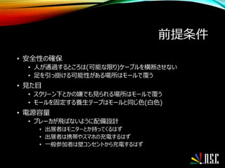 前提条件
• 安全性の確保
• 人が通過するところは(可能な限り)ケーブルを横断させない
• 足を引っ掛ける可能性がある場所はモールで覆う
• 見た目
• スクリーン下とかの嫌でも見られる場所はモールで覆う
• モールを固定する養生テープはモールと同じ色(白色)
• 電源容量
• ブレーカが飛ばないように配備設計
• 出展者はモニターとか持ってくるはず
• 出展者は携帯やスマホの充電するはず
• 一般参加者は壁コンセントから充電するはず
 