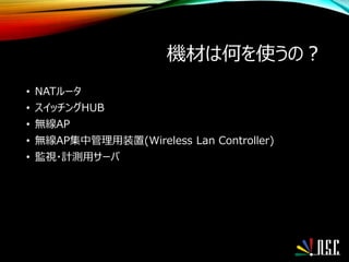 機材は何を使うの？
• NATルータ
• スイッチングHUB
• 無線AP
• 無線AP集中管理用装置(Wireless Lan Controller)
• 監視・計測用サーバ
 