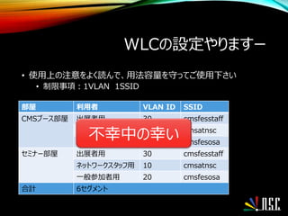 WLCの設定やりますー
• 使用上の注意をよく読んで、用法容量を守ってご使用下さい
• 制限事項：1VLAN 1SSID
部屋 利用者 VLAN ID SSID
CMSブース部屋 出展者用 30 cmsfesstaff
ネットワークスタッフ用 10 cmsatnsc
一般参加者用 20 cmsfesosa
セミナー部屋 出展者用 30 cmsfesstaff
ネットワークスタッフ用 10 cmsatnsc
一般参加者用 20 cmsfesosa
合計 6セグメント
不幸中の幸い
 