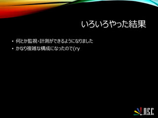 いろいろやった結果
• 何とか監視・計測ができるようになりました
• かなり複雑な構成になったので(ry
 