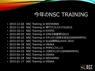 今年のNSC TRAINING
• 2015-12-26 NSC Training in KEIHANNA
• 2015-11-05 NSC Training in 神戸ITフェスティバル2015
• 2015-10-11 NSC Training in KYOTO
• 2015-09-05 NSC Training in CMS大阪夏祭り2015
• 2015-08-22 NSC Training in セキュリティ技術交流会(SANNOMIYA)
• 2015-07-01 NSC Training in Scala関西Summit 2015
• 2015-06-28 NSC Training in OSAKA
• 2015-04-29 NSC Training in PHPカンファレンス
• 2015-04-25 NSC Training in 大和セキュリティ(SANNOMIYA)
• 2015-03-14 NSC Training in OSAKA
• 2015-02-28 NSC Training in KEIHANNA
• 2015-01-17 NSC Training in OSAKA
 