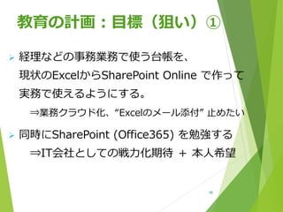  経理などの事務業務で使う台帳を、
現状のExcelからSharePoint Online で作って
実務で使えるようにする。
⇒業務クラウド化、“Excelのメール添付” 止めたい
 同時にSharePoint (Office365) を...