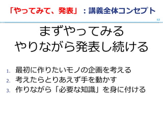 「やってみて、発表」：講義全体コンセプト
まずやってみる
やりながら発表し続ける
1. 最初に作りたいモノの企画を考える
2. 考えたらとりあえず手を動かす
3. 作りながら「必要な知識」を身に付ける
12
 