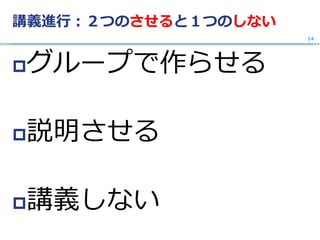 講義進行：２つのさせると１つのしない
グループで作らせる
説明させる
講義しない
14
 