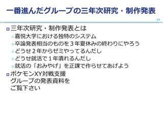 一番進んだグループの三年次研究・制作発表
 三年次研究・制作発表とは
嘉悦大学における独特のシステム
卒論発表相当のものを３年夏休みの終わりにやろう
どうせ２年からゼミやってるんだし
どうせ就活で１年潰れるんだし
就活の「おみやげ」を正課で作らせてあげよう
 ポケモンXY対戦支援
グループの発表資料を
ご覧下さい
24
 