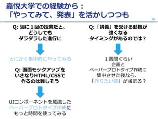嘉悦大学での経験から：
「やってみて、発表」を活かしつつも
Q: 週に１回の授業だと、
どうしても
ダラダラした進行に
とにかく集中的にやってみる
Q:「講義」を受ける動機が
強くなる
タイミングがあるのでは？
１週間ぐらい
企画と
ペーパープロトタイプ作成に
集中させた後なら、
「作りたい感」が強まる？
30
Q: 画面モックアップを
いきなりHTML/CSSで
作るのは難しそう
UIコンポーネントを意識した
ペーパープロトタイプ作成に
もっと時間を使ってみる
 