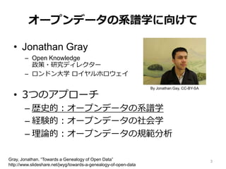 オープンデータの系譜学に向けて
• Jonathan Gray
– Open Knowledge
政策・研究ディレクター
– ロンドン大学 ロイヤルホロウェイ
• 3つのアプローチ
– 歴史的：オープンデータの系譜学
– 経験的：オープンデータの社会学
– 理論的：オープンデータの規範分析
Gray, Jonathan. “Towards a Genealogy of Open Data”
http://www.slideshare.net/jwyg/towards-a-genealogy-of-open-data
3
By Jonathan Gay, CC-BY-SA
 