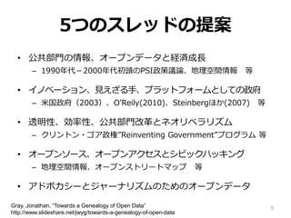 5つのスレッドの提案
• 公共部門の情報、オープンデータと経済成長
– 1990年代－2000年代初頭のPSI政策議論、地理空間情報 等
• イノベーション、見えざる手、プラットフォームとしての政府
– 米国政府（2003）、O’Reily(2010)、Steinbergほか(2007) 等
• 透明性、効率性、公共部門改革とネオリベラリズム
– クリントン・ゴア政権”Reinventing Government”プログラム 等
• オープンソース、オープンアクセスとシビックハッキング
– 地理空間情報、オープンストリートマップ 等
• アドボカシーとジャーナリズムのためのオープンデータ
Gray, Jonathan. “Towards a Genealogy of Open Data”
http://www.slideshare.net/jwyg/towards-a-genealogy-of-open-data
5
 