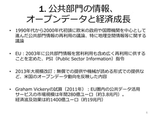 1. 公共部門の情報、
オープンデータと経済成長
• 1990年代から2000年代初頭に欧米の政府や国際機関を中心として
進んだ公共部門情報の再利用の議論、特に地理空間情報等に関する
議論
• EU：2003年に公共部門情報を営利利用も含め広く再利用に供する
ことを定めた、PSI（Public Sector Information）指令
• 2013年大規模改訂：無償での提供や機械が読める形式での提供な
ど、米国のオープンデータ動向を反映した内容
• Graham Vickeryの試算（2011年）：EU圏内の公共データ活用
サービスの市場規模は年間280億ユーロ（約3.8兆円）。
経済波及効果は約1400億ユーロ（約19兆円）
6
 