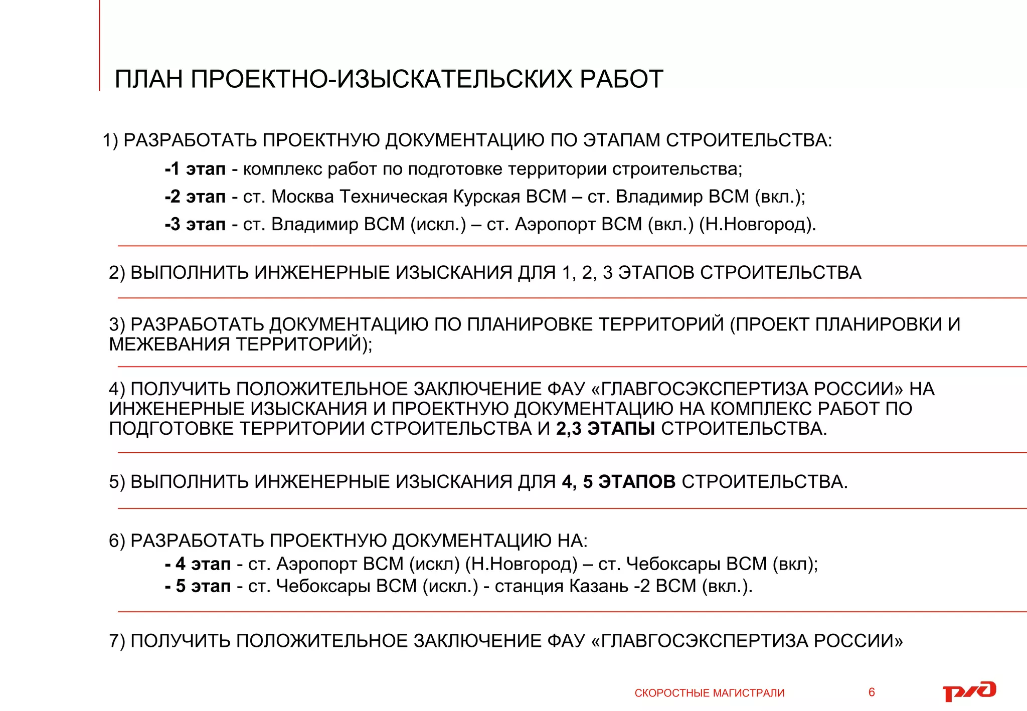 СКОРОСТНЫЕ МАГИСТРАЛИ
ПЛАН ПРОЕКТНО-ИЗЫСКАТЕЛЬСКИХ РАБОТ
6
- 4 этап - ст. Аэропорт ВСМ (искл) (Н.Новгород) – ст. Чебоксары ВСМ (вкл);
- 5 этап - ст. Чебоксары ВСМ (искл.) - станция Казань -2 ВСМ (вкл.).
1) РАЗРАБОТАТЬ ПРОЕКТНУЮ ДОКУМЕНТАЦИЮ ПО ЭТАПАМ СТРОИТЕЛЬСТВА:
-1 этап - комплекс работ по подготовке территории строительства;
-2 этап - ст. Москва Техническая Курская ВСМ – ст. Владимир ВСМ (вкл.);
-3 этап - ст. Владимир ВСМ (искл.) – ст. Аэропорт ВСМ (вкл.) (Н.Новгород).
2) ВЫПОЛНИТЬ ИНЖЕНЕРНЫЕ ИЗЫСКАНИЯ ДЛЯ 1, 2, 3 ЭТАПОВ СТРОИТЕЛЬСТВА
3) РАЗРАБОТАТЬ ДОКУМЕНТАЦИЮ ПО ПЛАНИРОВКЕ ТЕРРИТОРИЙ (ПРОЕКТ ПЛАНИРОВКИ И
МЕЖЕВАНИЯ ТЕРРИТОРИЙ);
4) ПОЛУЧИТЬ ПОЛОЖИТЕЛЬНОЕ ЗАКЛЮЧЕНИЕ ФАУ «ГЛАВГОСЭКСПЕРТИЗА РОССИИ» НА
ИНЖЕНЕРНЫЕ ИЗЫСКАНИЯ И ПРОЕКТНУЮ ДОКУМЕНТАЦИЮ НА КОМПЛЕКС РАБОТ ПО
ПОДГОТОВКЕ ТЕРРИТОРИИ СТРОИТЕЛЬСТВА И 2,3 ЭТАПЫ СТРОИТЕЛЬСТВА.
5) ВЫПОЛНИТЬ ИНЖЕНЕРНЫЕ ИЗЫСКАНИЯ ДЛЯ 4, 5 ЭТАПОВ СТРОИТЕЛЬСТВА.
6) РАЗРАБОТАТЬ ПРОЕКТНУЮ ДОКУМЕНТАЦИЮ НА:
7) ПОЛУЧИТЬ ПОЛОЖИТЕЛЬНОЕ ЗАКЛЮЧЕНИЕ ФАУ «ГЛАВГОСЭКСПЕРТИЗА РОССИИ»