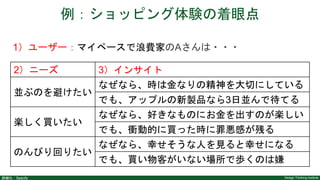Design Thinking Institute詳細化：Specify
インサイトに対する1つの考え方
Insights don t have to be
unmistakably correct; they have
to be thought-provoking
「インサイトは絶対に正しいもの
である必要はないが、思考を刺激
するものでなければならない。」
Luke Williams,
Professor of Marketing, NYU Stern
Photo: http://www.core77.com/posts/21629/ixda-interaction12-preview-a-conversation-with-luke-williams-21629
 