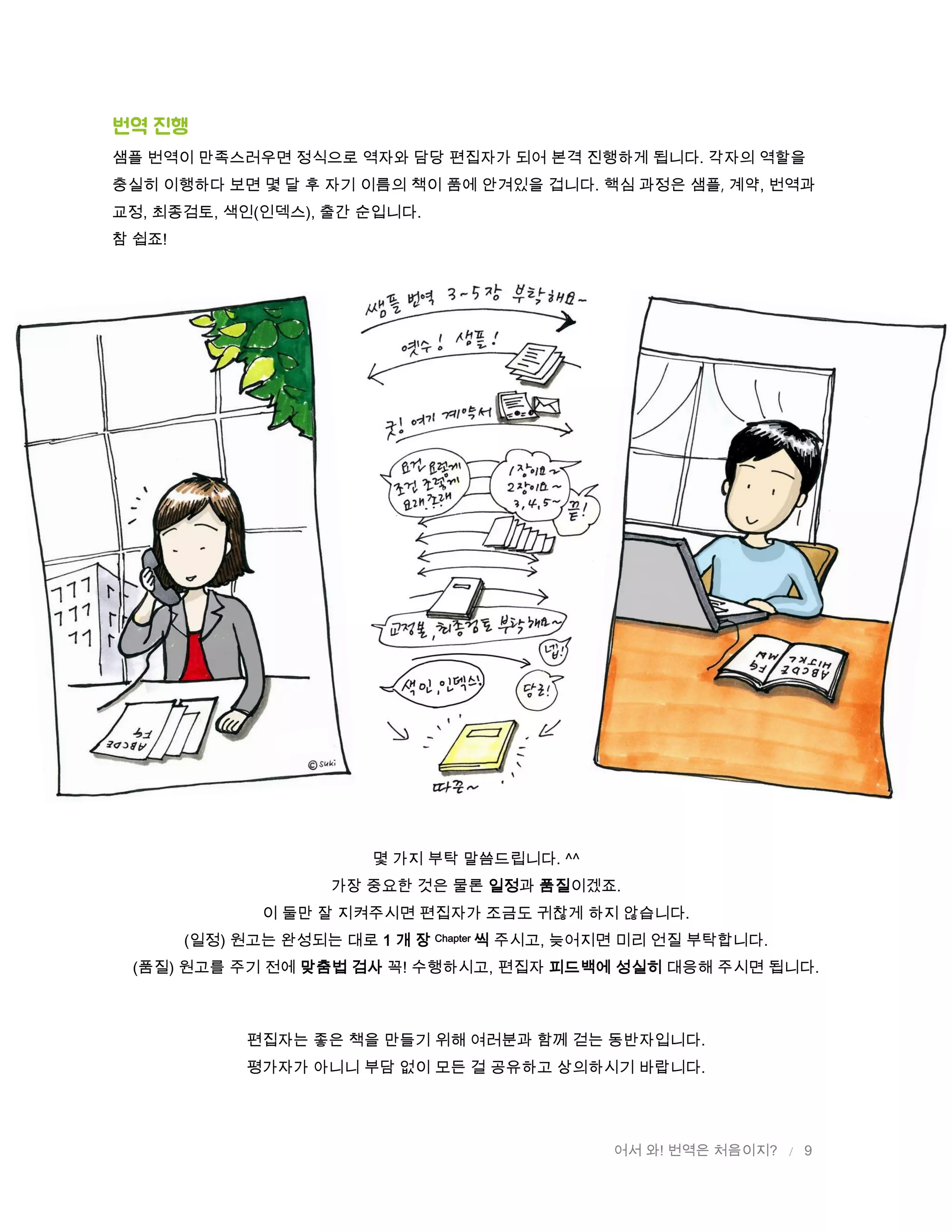 어서 와! 번역은 처음이지? / 9
번역 짂행
샘플 번역이 만족스러우면 정식으로 역자와 담당 편집자가 되어 본격 진행하게 됩니다. 각자의 역할을
충실히 이행하다 보면 몇 달 후 자기 이름의 책이 품에 안겨있을 겁니다. 핵심 과정은 샘플, 계약, 번역과
교정, 최종검토, 색인(인덱스), 출간 순입니다.
참 쉽죠!
몇 가지 부탁 말씀드립니다. ^^
가장 중요한 것은 물론 일정과 품질이겠죠.
이 둘만 잘 지켜주시면 편집자가 조금도 귀찮게 하지 않습니다.
(일정) 원고는 완성되는 대로 1 개 장 Chapter 씩 주시고, 늦어지면 미리 언질 부탁합니다.
(품질) 원고를 주기 전에 맞춤법 검사 꼭! 수행하시고, 편집자 피드백에 성실히 대응해 주시면 됩니다.
편집자는 좋은 책을 만들기 위해 여러분과 함께 걷는 동반자입니다.
평가자가 아니니 부담 없이 모든 걸 공유하고 상의하시기 바랍니다.
 