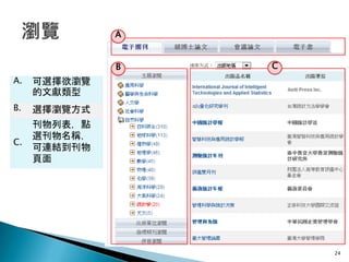 A
B C
24
A. 可選擇欲瀏覽
的文獻類型
B. 選擇瀏覽方式
C.
刊物列表，點
選刊物名稱，
可連結到刊物
頁面
 