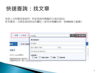 4
頁面上方的簡易查詢列，供您查詢有興趣的文章/出版品
更多選項：方便您查找特定的欄位（使用多個欄位時，採AND縮小範圍）
 