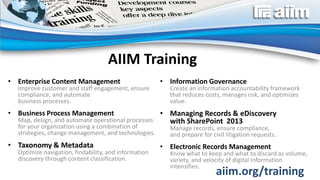 aiim.org/training
• Enterprise Content Management
Improve customer and staff engagement, ensure
compliance, and automate
business processes.
• Business Process Management
Map, design, and automate operational processes
for your organization using a combination of
strategies, change management, and technologies.
• Taxonomy & Metadata
Optimize navigation, findability, and information
discovery through content classification.
• Information Governance
Create an information accountability framework
that reduces costs, manages risk, and optimizes
value.
• Managing Records & eDiscovery
with SharePoint 2013
Manage records, ensure compliance,
and prepare for civil litigation requests.
• Electronic Records Management
Know what to keep and what to discard as volume,
variety, and velocity of digital information
intensifies.
AIIM Training
 