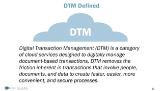 6
DTM Defined
Digital Transaction Management (DTM) is a category
of cloud services designed to digitally manage
document-based transactions. DTM removes the
friction inherent in transactions that involve people,
documents, and data to create faster, easier, more
convenient, and secure processes.
DTM
 