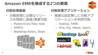 4
分散処理基盤
• 分散処理に必要なリソー
スを簡単に調達/廃棄可能
– Master/Core/Task node
– EMRFS
– Bootstrap Action, Steps
分散処理アプリケーション
• 複雑な設定無しに分散アプ
リケーションを利用可能
– Hadoop, YARN
– Hive, Pig, HBase, Spark..
Amazon EMRを構成する2つの要素
 