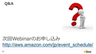 57
Hiveの処理例
Metastore
HDFS
Cluster
Amazon S3
Hiveserver
CREATE
TABLE
SELECT
FROM
1: テーブル定義で
HDFSやAmazon S3
をソースに指定
2: テーブル定義
がメタデータとし
て保存される
3: 定義したテーブル
に対して処理を実行 4: テーブルの
メタデータを
取得
5:クラスタに
処理を依頼
6: 実際のデー
タソースから
読み出しつつ
指定された処
理を行う
Amazon
DynamoDB
Amazon Kinesis
 