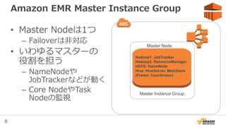 8
Amazon EMR Master Instance Group
• Master Nodeは1つ
– Failoverは非対応
• いわゆるマスターの
役割を担う
– NameNodeや
JobTrackerなどが動く
– Core NodeやTask
Nodeの監視
Master Node
Master Instance Group
Hadoop1: JobTracker
Hadoop2: ResourceManager
HDFS: NameNode
Hive: HiveServer, MetaStore
Presto: Coordinator
 