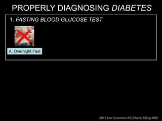2015 Ivor Cummins BE(Chem) CEng MIEI
1. FASTING BLOOD GLUCOSE TEST
PROPERLY DIAGNOSING DIABETES
A. Overnight Fast
 