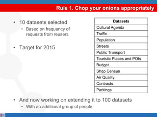 Rule 1. Chop your onions appropriately
• 10 datasets selected
• Based on frequency of
requests from reusers
• Target for 2...