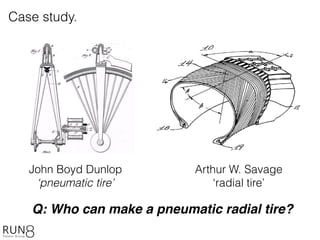Case study.
Arthur W. Savage
‘radial tire’
John Boyd Dunlop
‘pneumatic tire’
Q: Who can make a pneumatic radial tire?
 