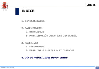 MINISTERIO DE
DEFENSA
- 22 -TRIDENT JUNCTURE 2015
TJRE-15
ÍNDICE
1. GENERALIDADES.
2. FASE CPX/CAX.
a. DESPLIEGUE
b. PARTICIPACIÓN CUARTELES GENERALES.
3. FASE LIVEX
a. ESCENARIOS
b. DESPLIEGUE FUERZAS PARTICIPANTES.
4. DÍA DE AUTORIDADES DBVD - JLHMD.
 