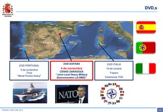 MINISTERIO DE
DEFENSA
- 23 -TRIDENT JUNCTURE 2015
DVD,s
DVD ITALIA
19 de octubre
Trapani
Ceremonia TOA
DVD ESPAÑA
4 de noviembre
CENAD ZARAGOZA
“Joint Land Heavy Military
Demonstration (JLHMD)”
DVD PORTUGAL
5 de noviembre
Troia
“Naval Forces heavy”
 