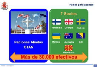 MINISTERIO DE
DEFENSA
- 6 -TRIDENT JUNCTURE 2015
Países participantes
Naciones Aliadas
OTAN
Más de 30.000 efectivos
Finlandia Georgia Suecia
Ucrania Australia BiH
Macedonia
 