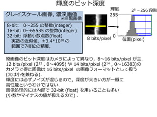 輝度のビット深度
8-bit: 0～255 の整数(integer)
16-bit: 0～65535 の整数(integer)
32-bit: 浮動小数点数(float)
実数の近似値．±3.4*1038 の
範囲で7桁位の精度．
グレイスケール画像, 濃淡画像
≠白黒画像
原画像のビット深度はカメラによって異なり，8～16 bits/pixel が主．
12 bits/pixel (212 , 0～4095) や 14 bits/pixel (214 , 0～16383)の
カメラで得た画像は 16 bits/pixel の画像フォーマットとして扱う
(大は小を兼ねる)．
輝度には必ずノイズが混じるので，深度が大きい方が一概に
高性能というわけではない．
画像処理的には内部で 32-bit (float) を用いることも多い
(小数やマイナスの値が扱えるので) ．
輝度
位置(pixel)8 bits/pixel
28 ＝256 段階
0
255
 