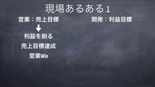 現場あるある 1
営業：売上目標 
 
利益を削る 
売上目標達成 
営業Win
開発：利益目標 
 