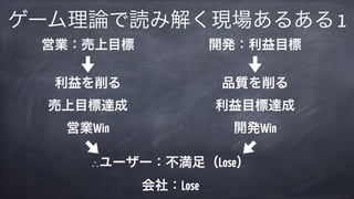 ゲーム理論で読み解く現場あるある 1
営業：売上目標 
 
利益を削る 
売上目標達成 
営業Win
開発：利益目標 
 
品質を削る 
利益目標達成 
開発Win
∴ユーザー：不満足（Lose） 
会社：Lose
 